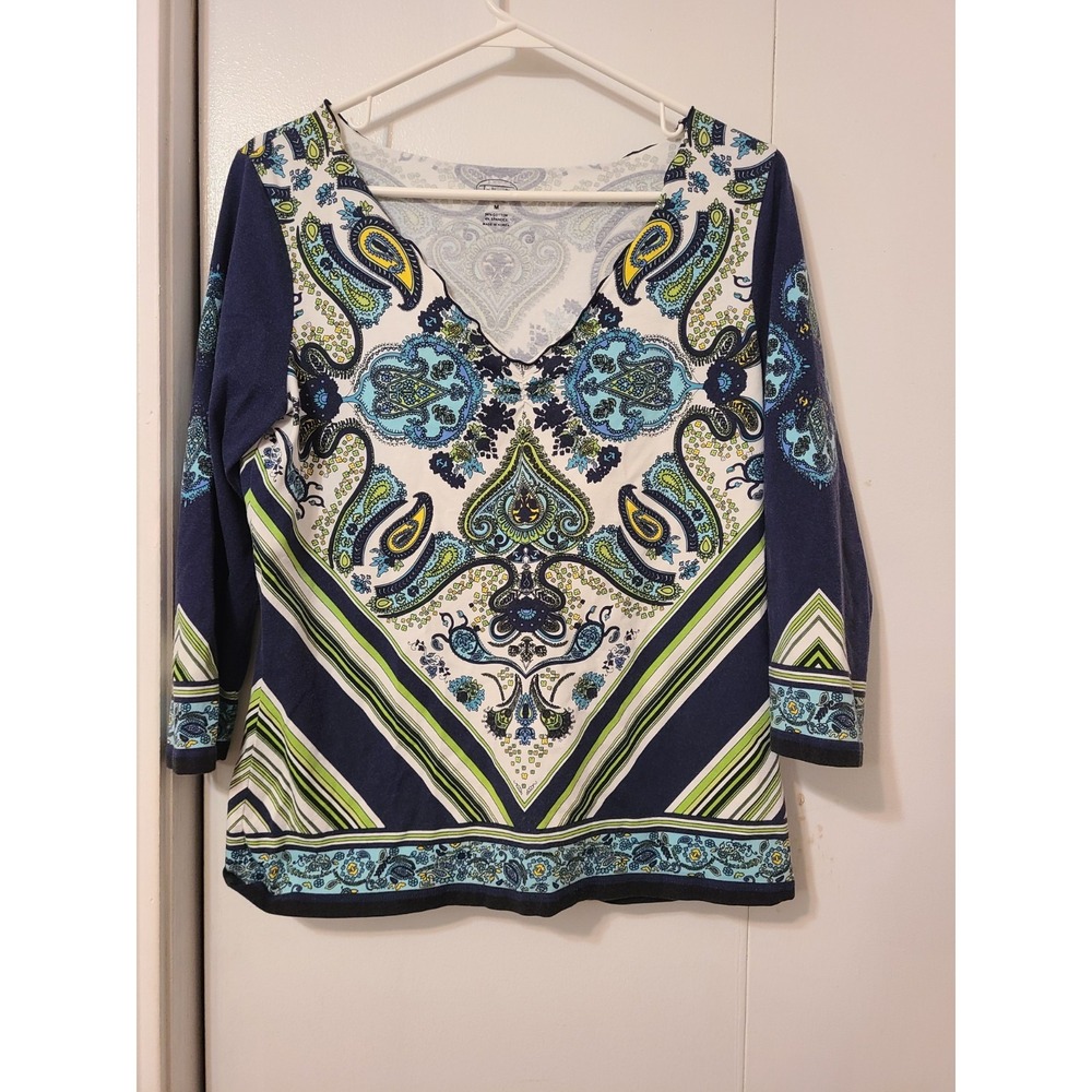 Talbots Sz M Blue Paisley Geometric Knit Tee 3/4 Sleeves Cotton Stretch